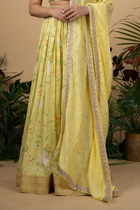 Shop_Blue Lotus Design_Yellow Chanderi, Cotton Silk, Lining Shantoon Floral Motifs Print Lehenga Set _Online_at_Aza_Fashions