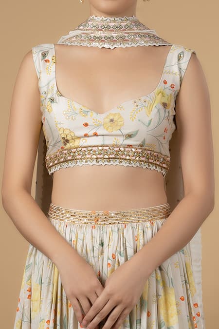 Blue Lotus Design_White Chanderi, Cotton Silk, Lining Shantoon Floral Motifs Print Lehenga Set _Online_at_Aza_Fashions