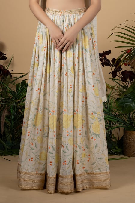 Buy_Blue Lotus Design_White Chanderi, Cotton Silk, Lining Shantoon Floral Motifs Print Lehenga Set _Online_at_Aza_Fashions