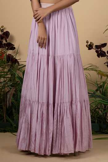 Blue Lotus Design_Purple Lining Shantoon Crew Neck Tiered Lehenga And Applique Blouse Set _Online_at_Aza_Fashions