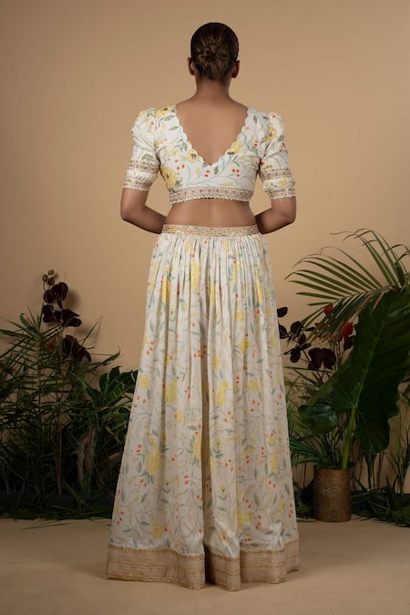 Blue Lotus Design Floral Print Chanderi Lehenga Set 