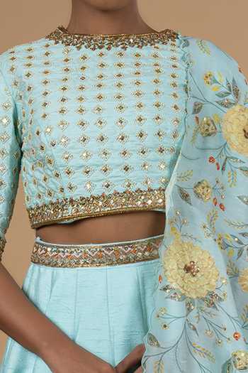 Blue Lotus Design_Blue Raw Silk, Lining Shantoon Zardozi Crew Neck Embroidered Lehenga Set _Online_at_Aza_Fashions