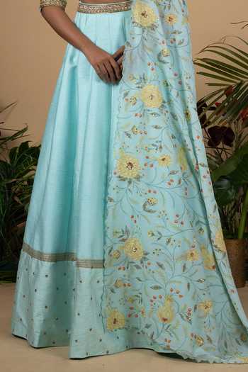 Buy_Blue Lotus Design_Blue Raw Silk, Lining Shantoon Zardozi Crew Neck Embroidered Lehenga Set _Online_at_Aza_Fashions