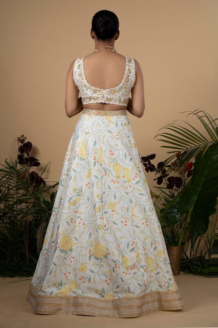 Blue Lotus Design Printed Raw Silk Lehenga Set 