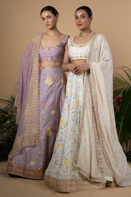 Blue Lotus Design_White Raw Silk, Cotton Silk, Lining Shantoon Floral Printed Lehenga Set _Online_at_Aza_Fashions