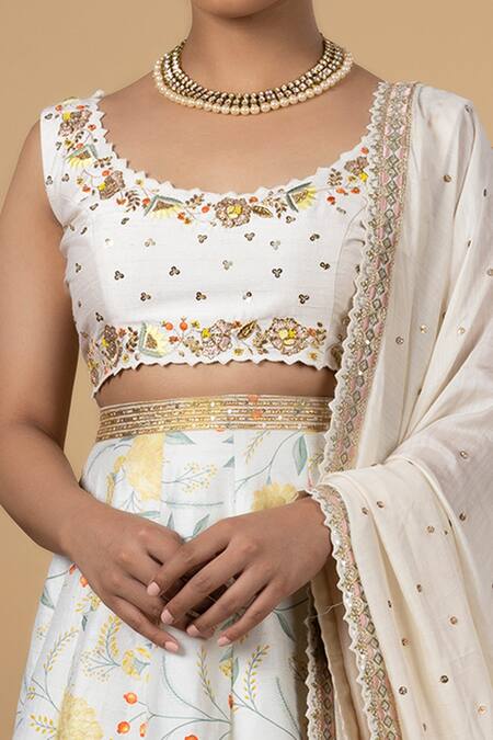 Buy_Blue Lotus Design_White Raw Silk, Cotton Silk, Lining Shantoon Floral Printed Lehenga Set _Online_at_Aza_Fashions