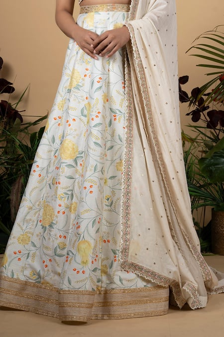 Shop_Blue Lotus Design_White Raw Silk, Cotton Silk, Lining Shantoon Floral Printed Lehenga Set _Online_at_Aza_Fashions