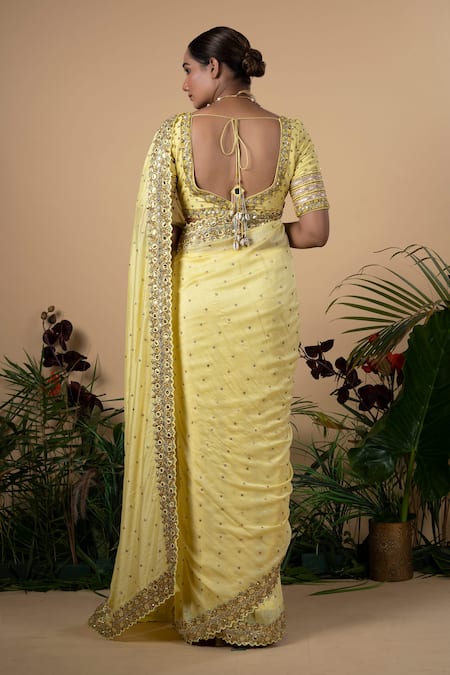 Shop Blue Lotus Design Yellow Blouse Raw , Lining Shantoon, Saree Cotton With Embroidered at Aza Fashions Shop_Blue Lotus Design_Yellow Blouse Raw , Lining Shantoon, Saree Cotton With Embroidered _at_Aza_Fashions