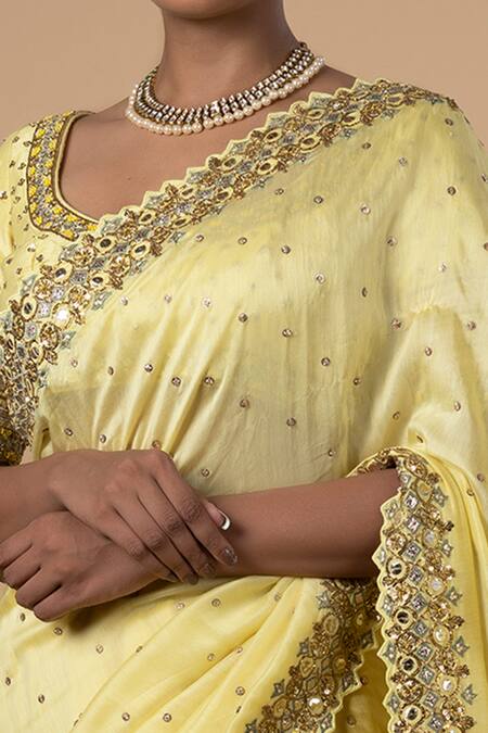 Blue Lotus Design Yellow Blouse Raw , Lining Shantoon, Saree Cotton With Embroidered Online at Aza Fashions Blue Lotus Design_Yellow Blouse Raw , Lining Shantoon, Saree Cotton With Embroidered _Online_at_Aza_Fashions