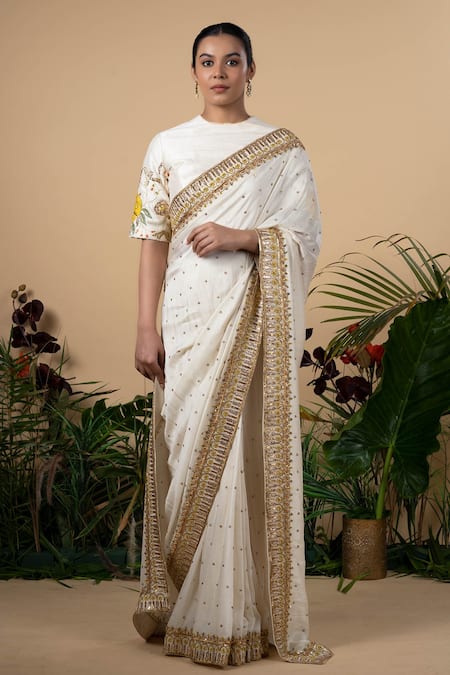 Blue Lotus Design White Cotton Silk Embroidered Zardozi Crew Neck Saree With Blouse 