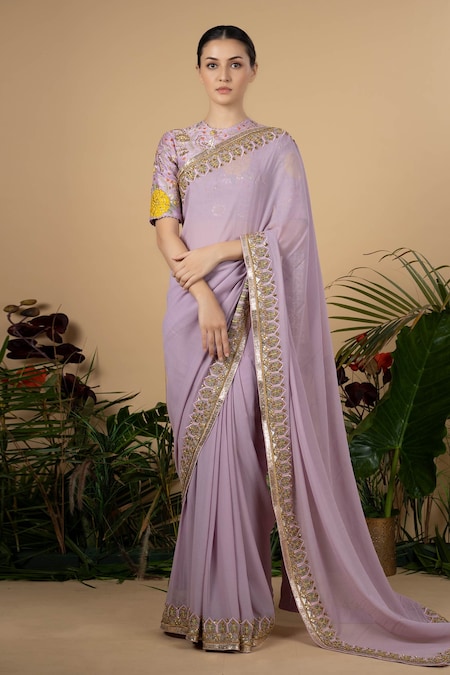 Lavender Purple Georgette Designer Silk Saree With Embroidered Blouse –  Zari Banaras