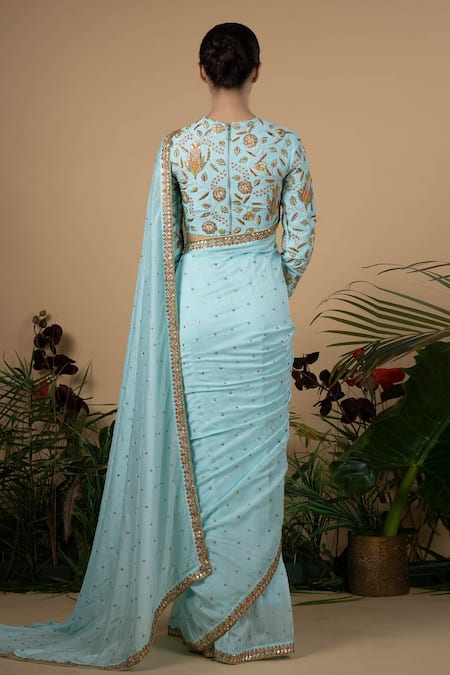 Blue Lotus Design Cotton Silk Saree With Blouse 