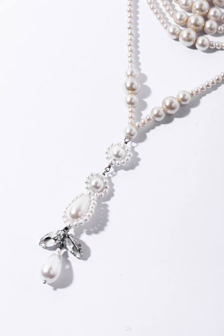 Amama_White Pearl And Stones Layered Necklace_Online_at_Aza_Fashions