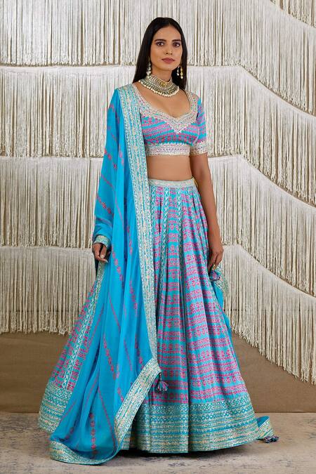 Shyam Narayan Prasad_Blue Modal Satin, Flat Chiffon Floral V Neck Print Lehenga Set _Online_at_Aza_Fashions