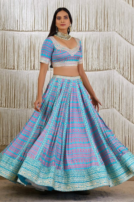 Buy_Shyam Narayan Prasad_Blue Modal Satin, Flat Chiffon Floral V Neck Print Lehenga Set _Online_at_Aza_Fashions