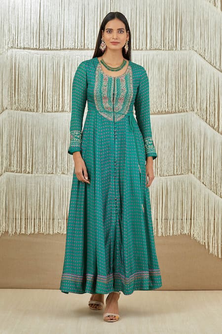 Shyam Narayan Prasad_Green Net, Dola Silk, Rayon Twill Floral, Zardozi Round Embroidered Anarkali Set _Online_at_Aza_Fashions