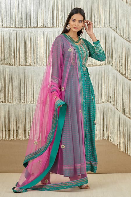 Buy_Shyam Narayan Prasad_Green Net, Dola Silk, Rayon Twill Floral, Zardozi Round Embroidered Anarkali Set _Online_at_Aza_Fashions