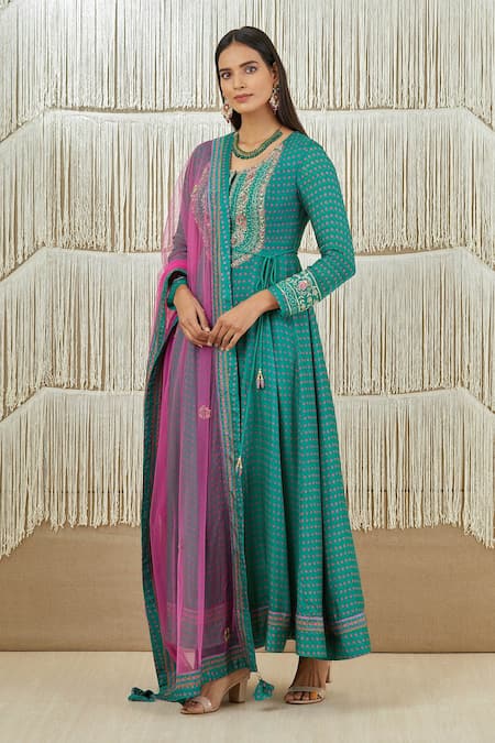 Shop_Shyam Narayan Prasad_Green Net, Dola Silk, Rayon Twill Floral, Zardozi Round Embroidered Anarkali Set _Online_at_Aza_Fashions