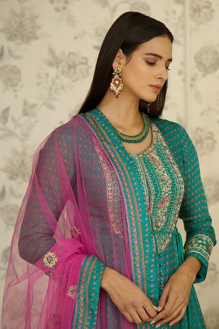 Shyam Narayan Prasad_Green Net, Dola Silk, Rayon Twill Floral, Zardozi Round Embroidered Anarkali Set _at_Aza_Fashions