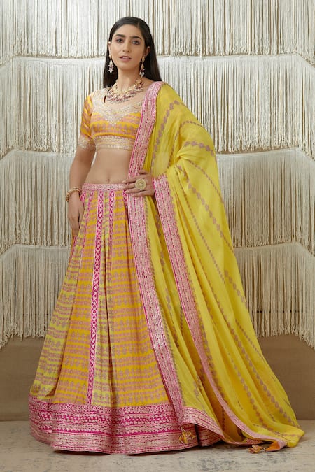 Buy_Shyam Narayan Prasad_Yellow Modal Satin, Flat Chiffon Floral V Neck Print Lehenga Set _Online_at_Aza_Fashions