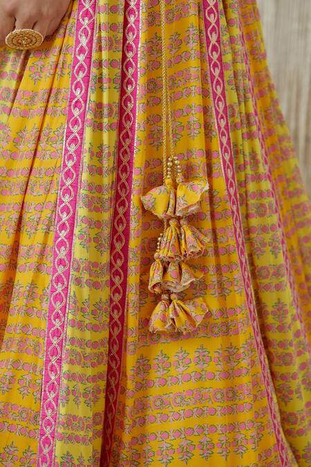 Shyam Narayan Prasad_Yellow Modal Satin, Flat Chiffon Floral V Neck Print Lehenga Set _at_Aza_Fashions