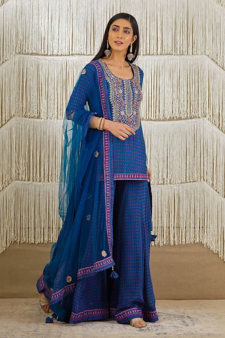 Shyam Narayan Prasad_Blue Net, Dola Silk, Flat Chiffon Floral, Zardozi U Neck Print Kurta Sharara Set _Online_at_Aza_Fashions