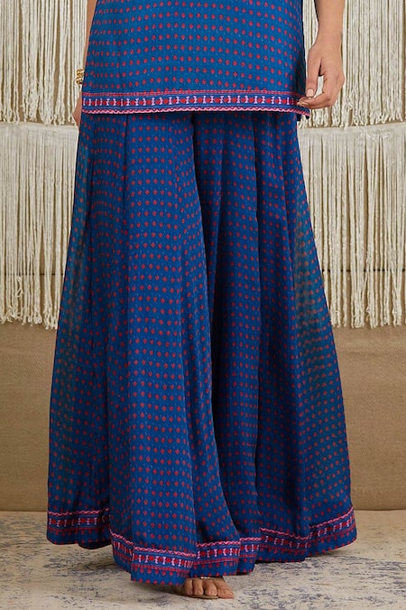 Shyam Narayan Prasad_Blue Net, Dola Silk, Flat Chiffon Floral, Zardozi U Neck Print Kurta Sharara Set _at_Aza_Fashions