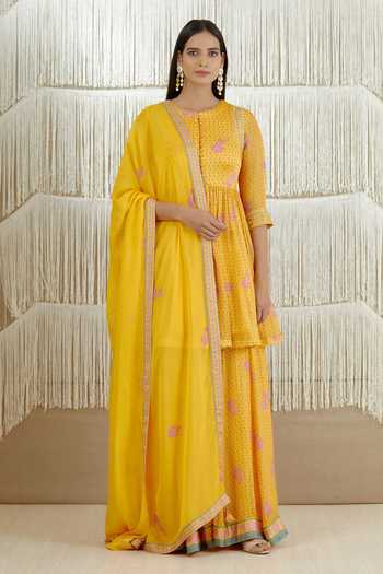 Buy_Shyam Narayan Prasad_Yellow Modal Satin, Flat Chiffon Floral, Zardozi Print Anarkali Sharara Set _Online_at_Aza_Fashions