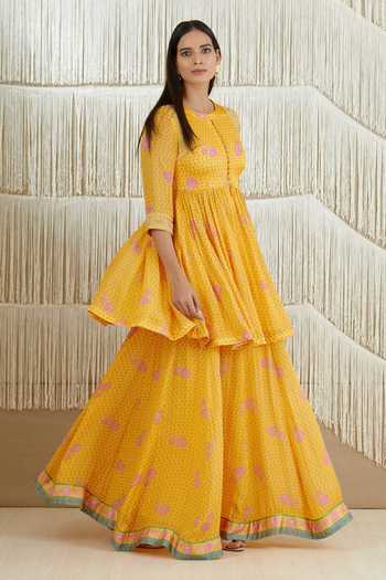 Shyam Narayan Prasad_Yellow Modal Satin, Flat Chiffon Floral, Zardozi Print Anarkali Sharara Set _Online_at_Aza_Fashions