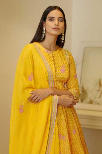 Shop_Shyam Narayan Prasad_Yellow Modal Satin, Flat Chiffon Floral, Zardozi Print Anarkali Sharara Set _Online_at_Aza_Fashions