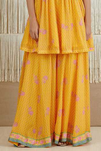 Shyam Narayan Prasad_Yellow Modal Satin, Flat Chiffon Floral, Zardozi Print Anarkali Sharara Set _at_Aza_Fashions