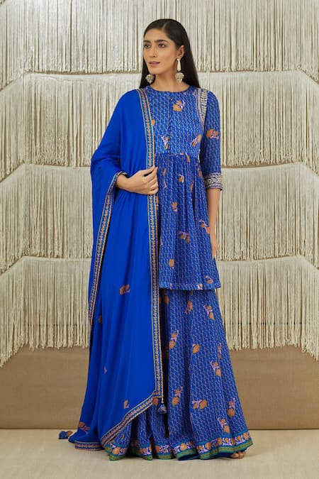 Shyam Narayan Prasad_Blue Modal Satin, Flat Chiffon Floral, Zardozi Round Print Anarkali Sharara Set _Online_at_Aza_Fashions