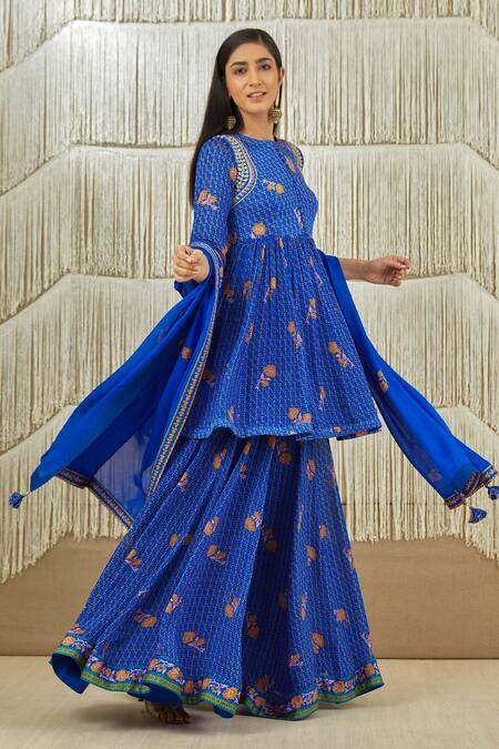 Buy_Shyam Narayan Prasad_Blue Modal Satin, Flat Chiffon Floral, Zardozi Round Print Anarkali Sharara Set _Online_at_Aza_Fashions