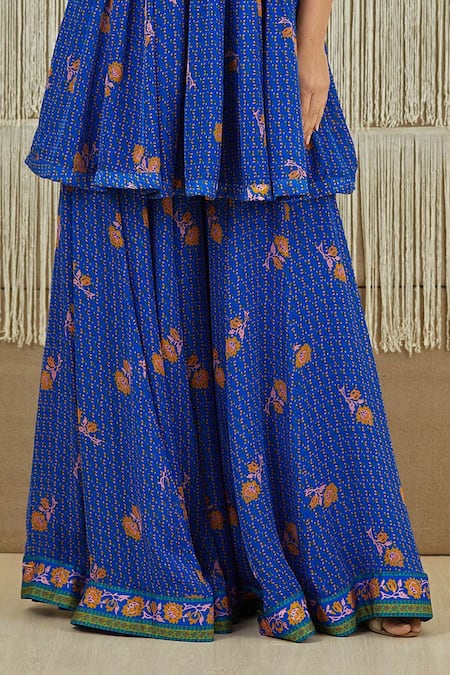 Shyam Narayan Prasad_Blue Modal Satin, Flat Chiffon Floral, Zardozi Round Print Anarkali Sharara Set _at_Aza_Fashions