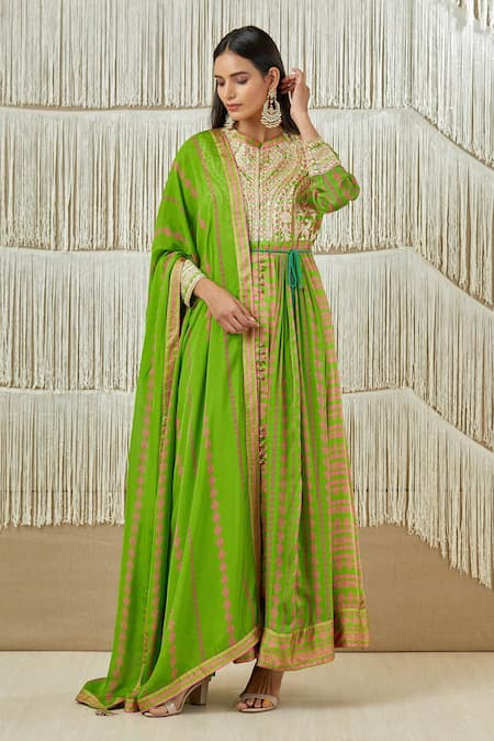 Buy_Shyam Narayan Prasad_Green Modal Satin, Flat Chiffon, Rayon Twill Floral, Gota Print Anarkali Set _Online_at_Aza_Fashions