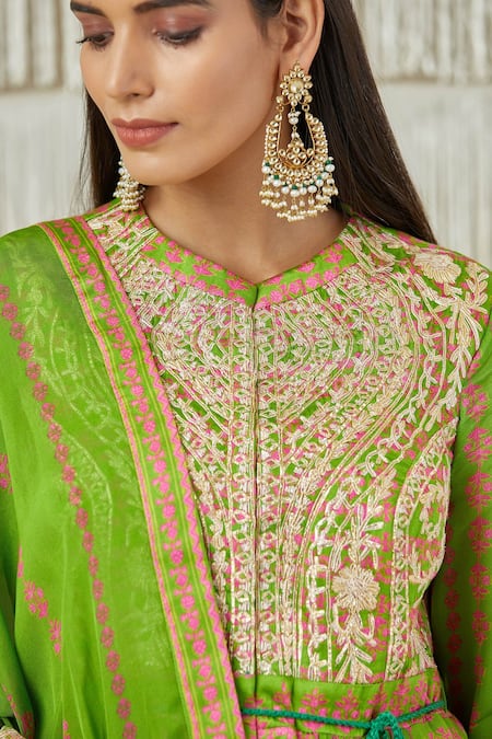 Shop_Shyam Narayan Prasad_Green Modal Satin, Flat Chiffon, Rayon Twill Floral, Gota Print Anarkali Set _Online_at_Aza_Fashions