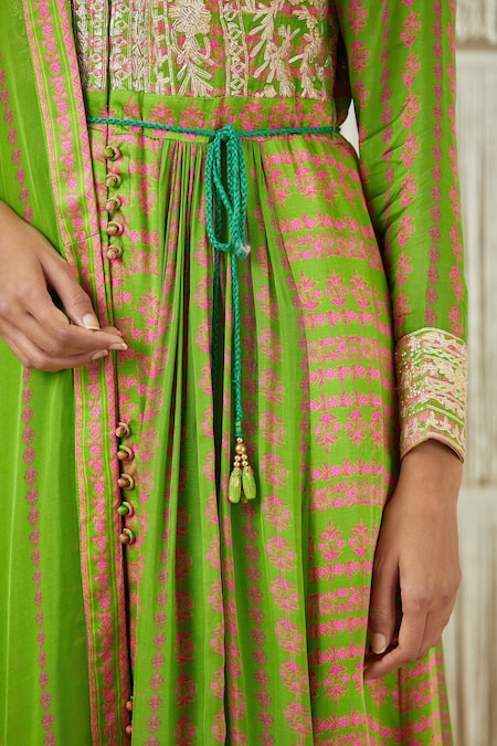 Shyam Narayan Prasad_Green Modal Satin, Flat Chiffon, Rayon Twill Floral, Gota Print Anarkali Set _at_Aza_Fashions