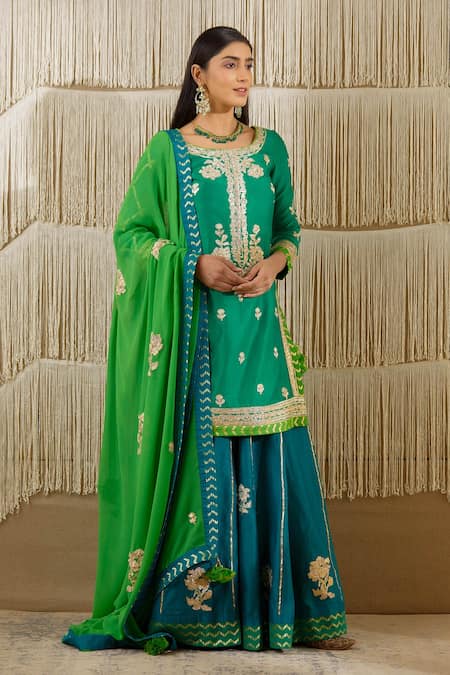 Shyam Narayan Prasad_Green Chanderi, Georgette Floral, Gota Work Round Embroidered Kurta Lehenga Set _Online_at_Aza_Fashions