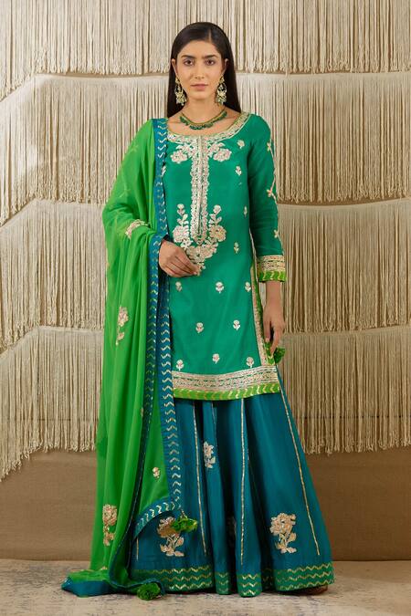 Buy_Shyam Narayan Prasad_Green Chanderi, Georgette Floral, Gota Work Round Embroidered Kurta Lehenga Set _Online_at_Aza_Fashions