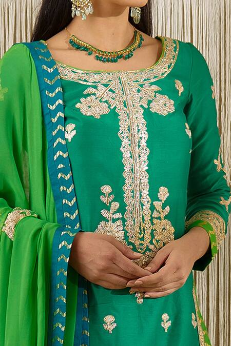 Shop_Shyam Narayan Prasad_Green Chanderi, Georgette Floral, Gota Work Round Embroidered Kurta Lehenga Set _Online_at_Aza_Fashions