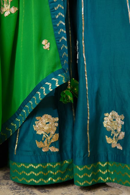 Shyam Narayan Prasad_Green Chanderi, Georgette Floral, Gota Work Round Embroidered Kurta Lehenga Set _at_Aza_Fashions