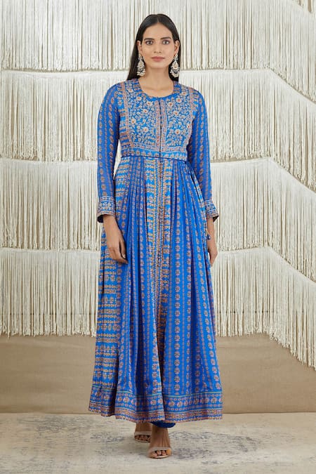 Buy_Shyam Narayan Prasad_Blue Modal Satin, Flat Chiffon, Rayon Twill Floral, Embroidered Anarkali Set _Online_at_Aza_Fashions