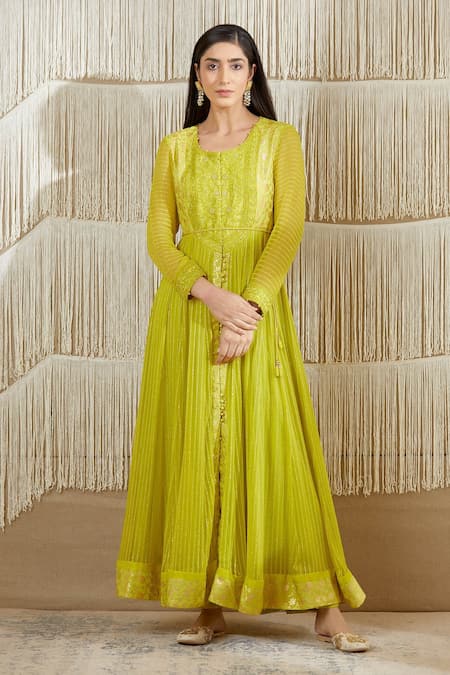 Shyam Narayan Prasad_Green Net, Georgette, Chanderi Brocade, Rayon Twill Floral, Zardozi Anarkali Set _Online_at_Aza_Fashions