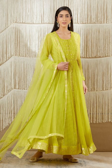 Buy_Shyam Narayan Prasad_Green Net, Georgette, Chanderi Brocade, Rayon Twill Floral, Zardozi Anarkali Set _Online_at_Aza_Fashions