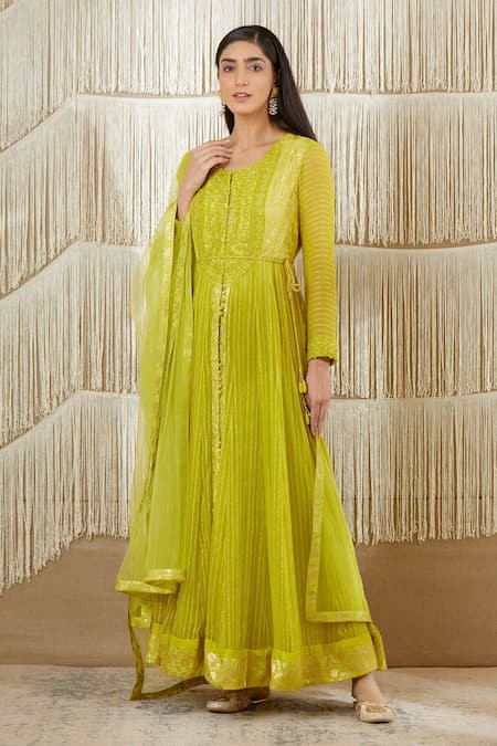 Shop_Shyam Narayan Prasad_Green Net, Georgette, Chanderi Brocade, Rayon Twill Floral, Zardozi Anarkali Set _Online_at_Aza_Fashions