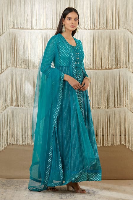 Shyam Narayan Prasad_Blue Net, Georgette, Chanderi Brocade, Rayon Twill Floral, Zardozi Anarkali Set _Online_at_Aza_Fashions