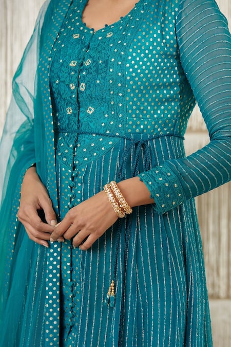 Shyam Narayan Prasad_Blue Net, Georgette, Chanderi Brocade, Rayon Twill Floral, Zardozi Anarkali Set _at_Aza_Fashions