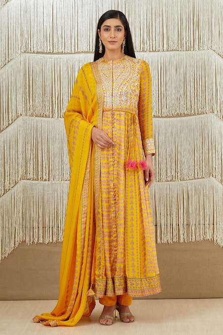 Shyam Narayan Prasad_Yellow Modal Satin, Flat Chiffon, Rayon Twill Floral, Gota Print Anarkali Set _Online_at_Aza_Fashions