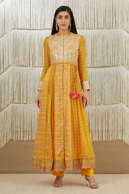 Buy_Shyam Narayan Prasad_Yellow Modal Satin, Flat Chiffon, Rayon Twill Floral, Gota Print Anarkali Set _Online_at_Aza_Fashions