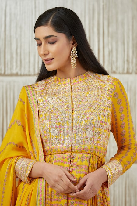 Shop_Shyam Narayan Prasad_Yellow Modal Satin, Flat Chiffon, Rayon Twill Floral, Gota Print Anarkali Set _Online_at_Aza_Fashions